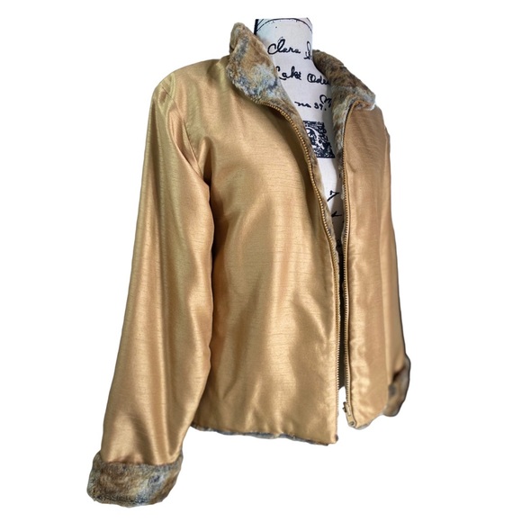Boutique - Reversible Shantung Taffeta Brilliant Gold Ultra-Soft Faux Fur Coat M - Picture 16 of 16